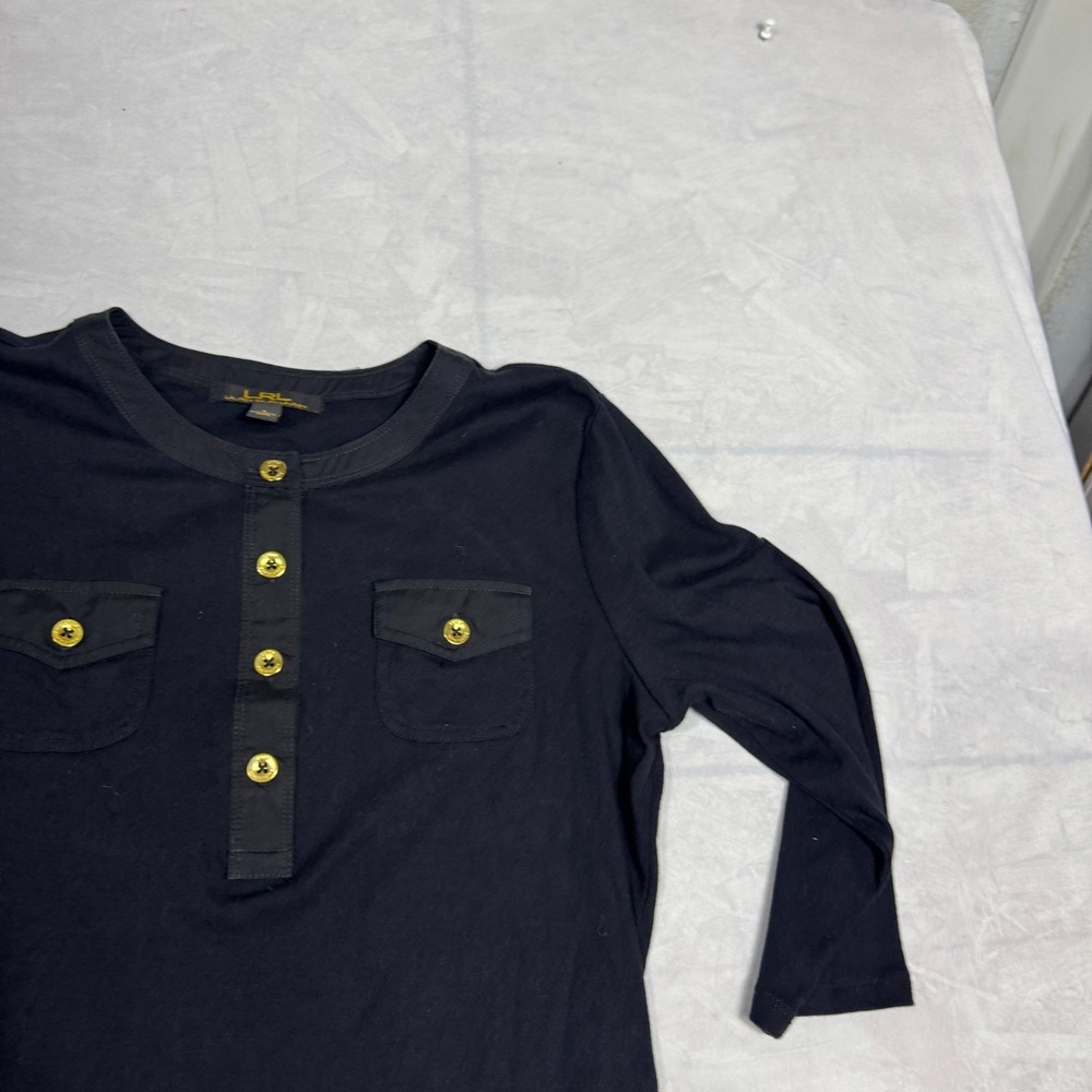 Lauren Ralph Lauren Womens Blouse Top Black‎ Gold Buttons Pocket Henley Neck L - Picture 8 of 15
